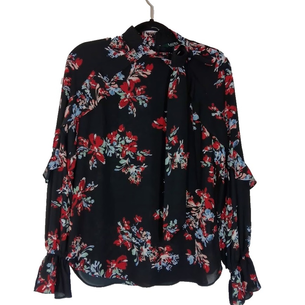 Lauren Ralph Lauren Womens S Black Red Floral‎ Long Sleeve Tie Neck Blouse Top